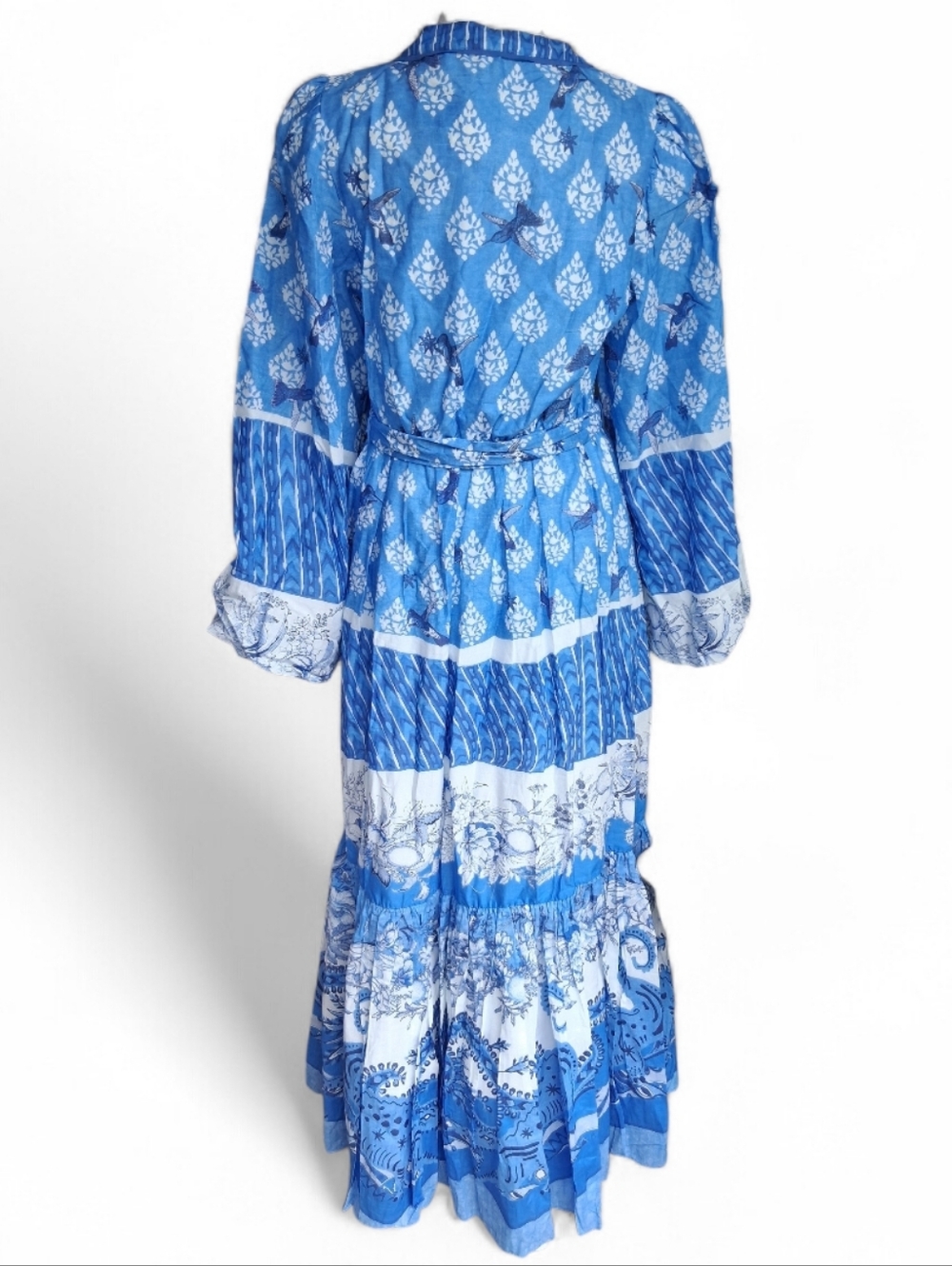 A Loves A Maxi Dress Border Print Mandarin Collar White & Blue S Crocodrile - Picture 2 of 9
